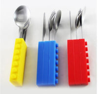 3PCS Creative Bricks Silicone Stainless Steel Portable  Kids Cutlery Fork 